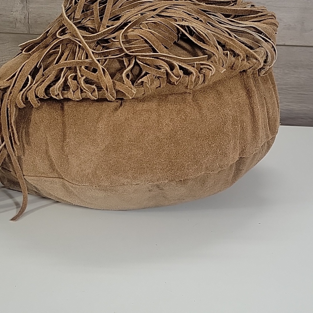 Raj for Anthropologie Boho Fringe Suede Bucket Crossbody Bag - Tan - Picture 7 of 12